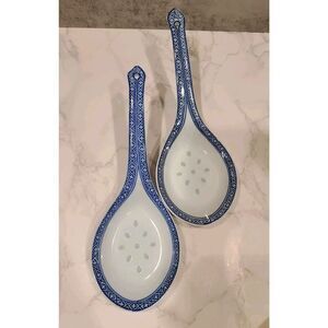 Tienshan Translucent Rice Grain Blue & White Design 9" Large Serving Spoons EUC